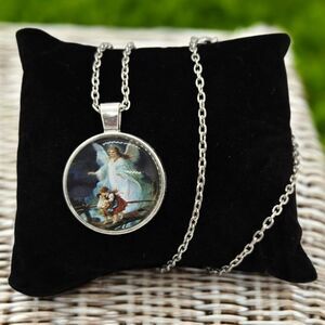 Iconic Guardian Angel Painting Round Cabochon Pendant Retro Vtg Necklace Gift
